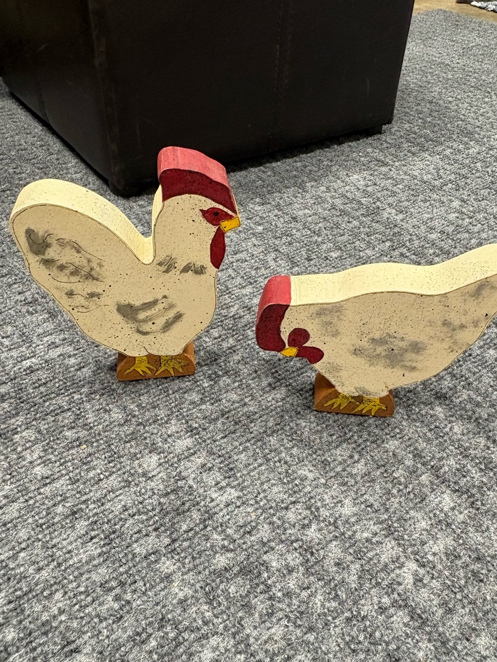 Cream and Red Wooden Chicken Figurine Pair - Farmhouse Accent